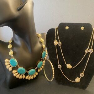 Elegant Turquoise and Cream Statement Necklace Set, Bangle & Earrings